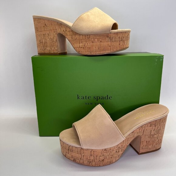 Kate Spade Ibiza Suede Platform Slide Size 7 B Women Cork Block Heel Sand - Picture 1 of 16